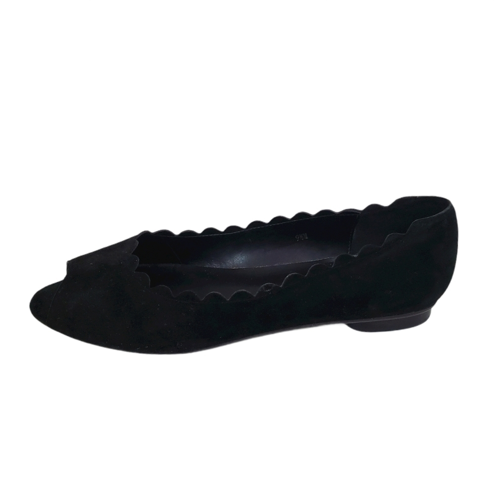 VanEli Black Suede Scalloped Peep Toe Flats EUC